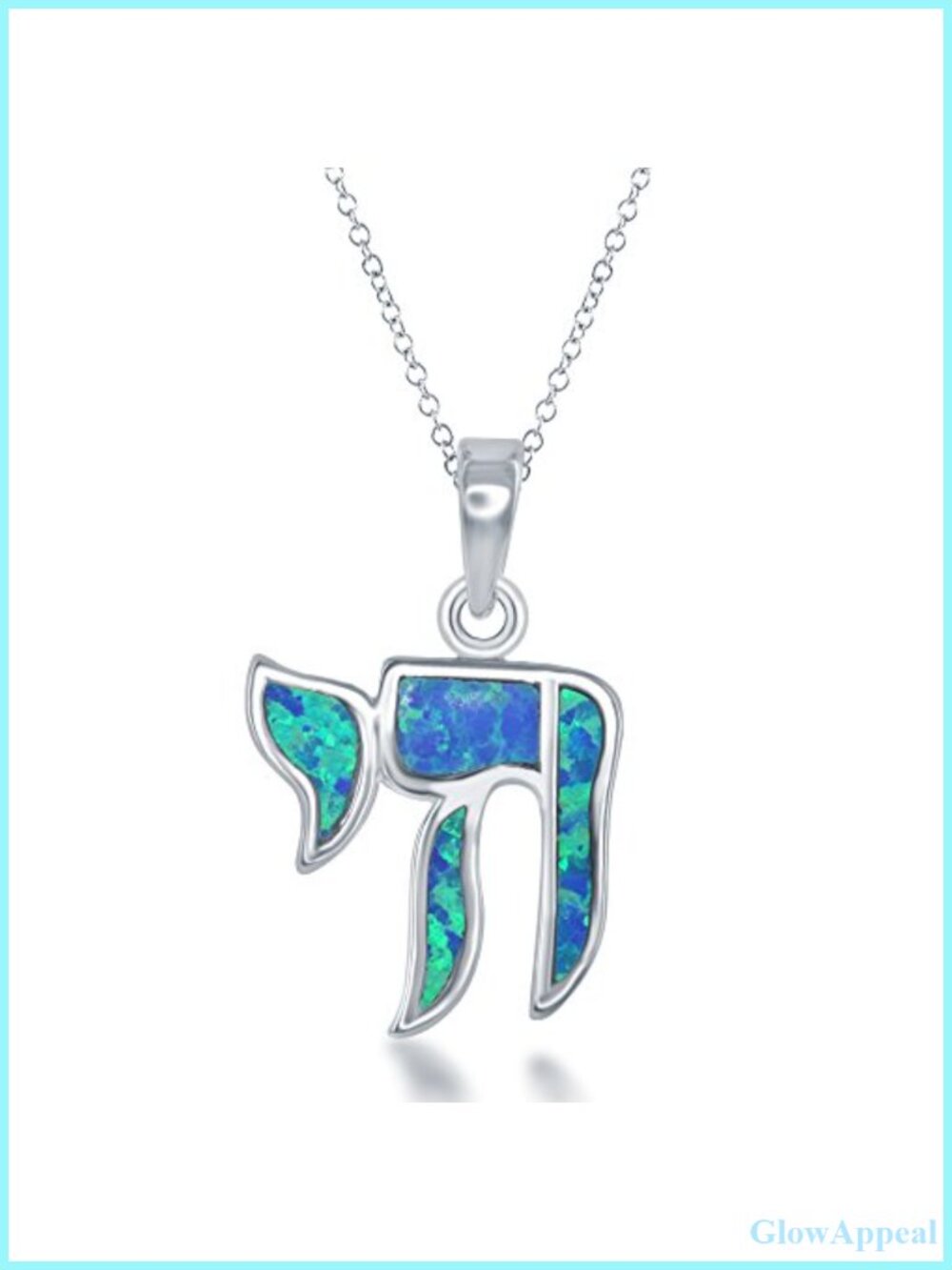 Sterling Silver Created Blue Opal Hebrew Chai Pendant Necklace with 18" Chain